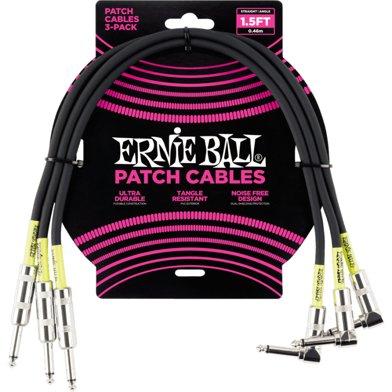 Câble Ernie Ball patch pack de 3 - droit/coudé - 46cm noir