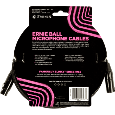 Câble microphone Ernie Ball gaine tissée XLR mâle/XLR femelle 6m noir