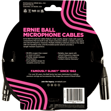 Câble microphone Ernie Ball Gaine tissée xlr mâle/xlr fem 4,5m noir