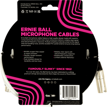 Câble microphone Ernie Ball Classic xlr mâle/xlr fem 6m blanc